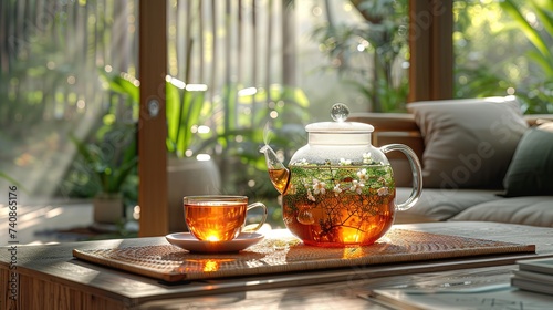 A cup of tea stands on the table next to a transparent teapot. Aesthetics