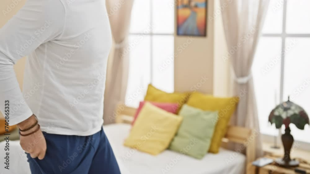Casual young man stretching in a brightly lit cozy bedroom with colorful pillows and window curtains