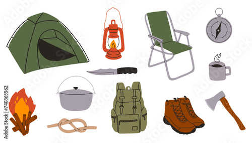 Set of hand draw camping equipment.Tent, campfire, backpack, lamp, gas-burner, stump, signboard.