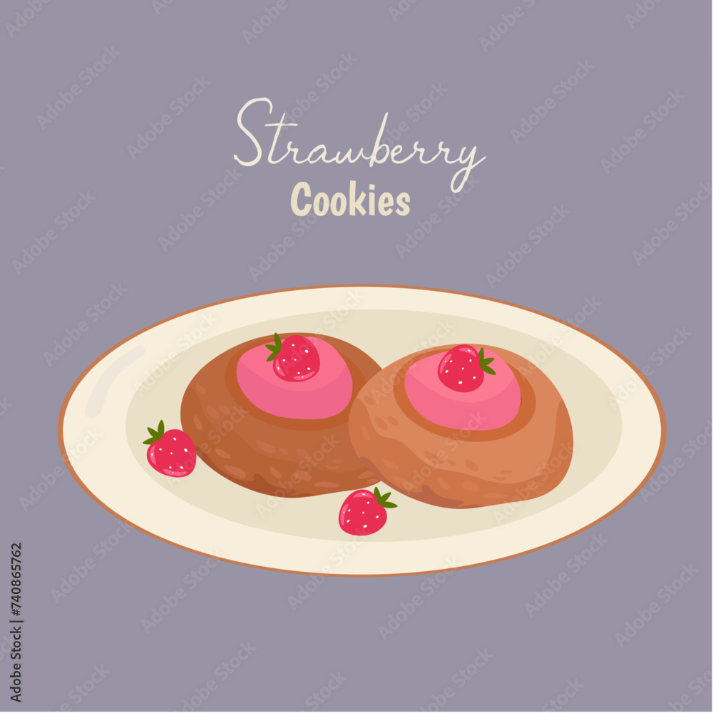 Flat Design Illustration with Two Cookies at Strawberry Flat Design Illustration with Two Cookies at Strawberry
