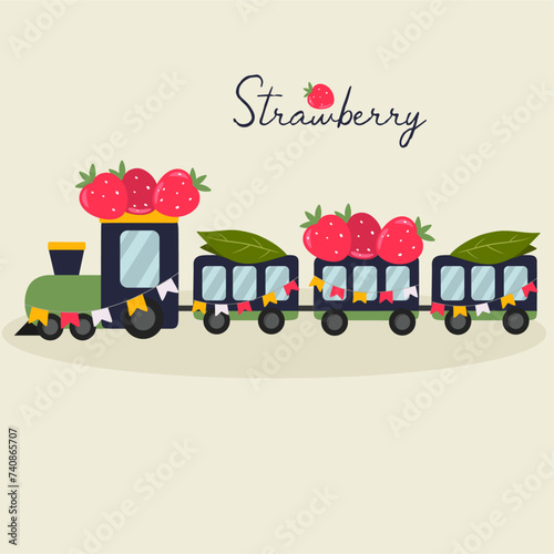 Flat Design Illustration with Children's Train  and Strawberry