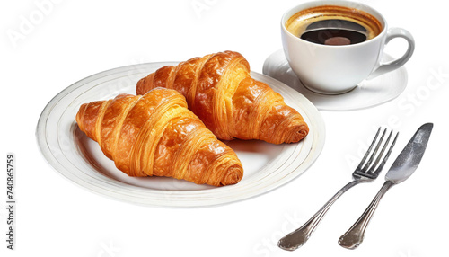 Coffee and croissants on a white plate isolated on transparent background
