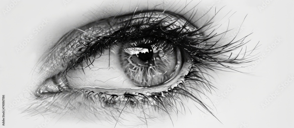 Obraz premium A monochrome drawing of a womans eye with long eyelashes and detailed iris, showcasing the art of closeup eye liner and eyebrow in the painting