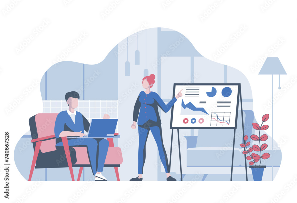 Business meeting concept with cartoon people in flat design for web. Colleagues analyzing and discussing presentation at conference. Vector illustration for social media banner, marketing material. Business meeting concept with cartoon people in flat design for web. Colleagues analyzing and discussing presentation at conference. Vector illustration for social media banner, marketing material.