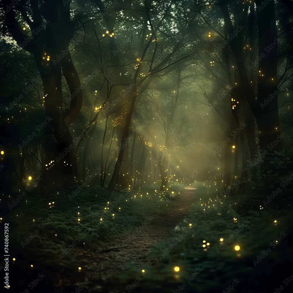 Magical fireflies illuminating a dark enchanted forest