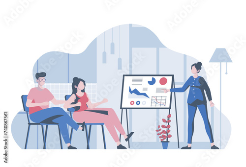 Business training concept with cartoon people in flat design for web. Coach teaching company staff at conference with presentation. Vector illustration for social media banner, marketing material.