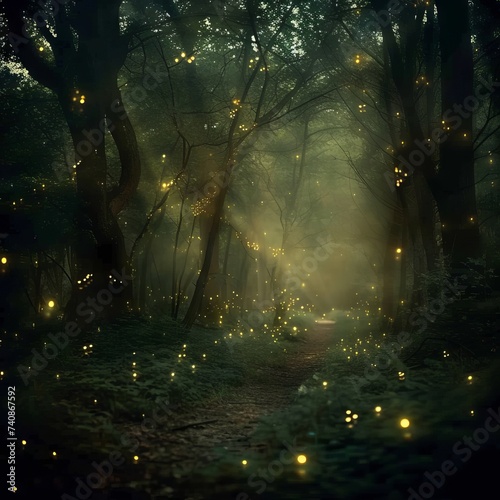 Magical fireflies illuminating a dark enchanted forest © Shutter2U