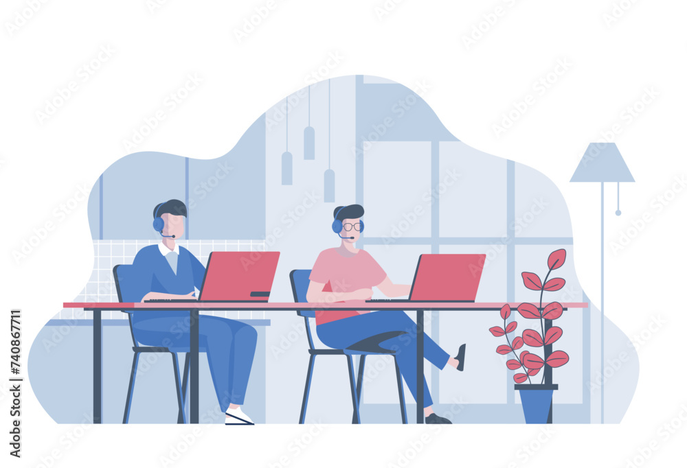 Call center concept with cartoon people in flat design for web. Operator team works at laptops, supporting and answering clients. Vector illustration for social media banner, marketing material.