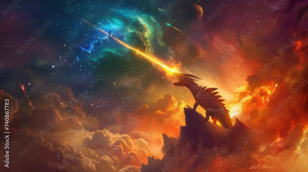 Craft a beautiful painting depicting a meteor casting colorful light onto a mythical creature - obrazy, fototapety, plakaty 