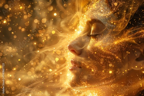 "Woman of Gold" theme with a golden glitter background, focusing on concepts like luck, happiness, gold, gifts, marriage, spirituality, mindfulness, and related observances