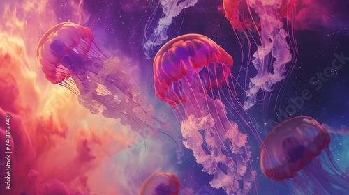 Glowing jellyfish in a dance surrounded by the ethereal glow of a distant colorful space nebula photo