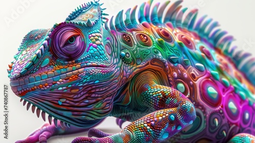Create an intriguing artwork inspired by a genetically engineered animal with vibrant colors and unique patterns