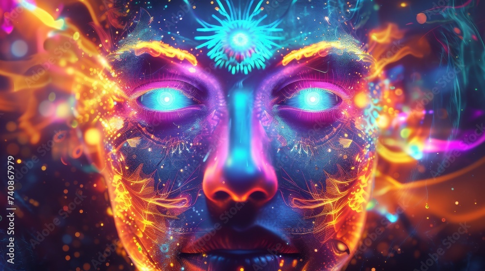 A radiant god with neon glowing eyes able to foresee the future A radiant god with neon glowing eyes able to foresee the future