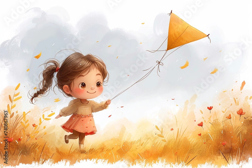 Happy little girl running on field with kite in children's cartoon style.