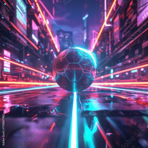 A neon lit soccer ball gaining momentum in a futuristic setting