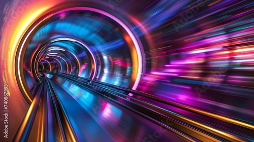 A high tech time capsule in a warp tunnel with bright swirling colors signifying time travel photo