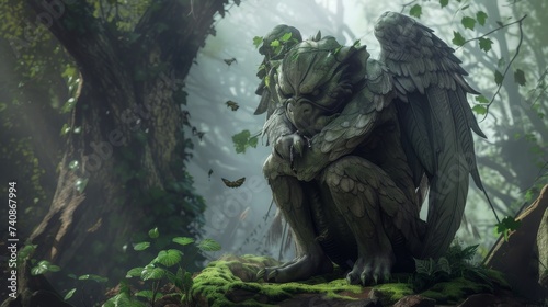 A mystical gargoyle in the heart of a fantasy forest surrounded by mythical creatures and ancient trees