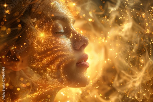 "Woman of Gold" theme with a golden glitter background, focusing on concepts like luck, happiness, gold, gifts, marriage, spirituality, mindfulness, and related observances