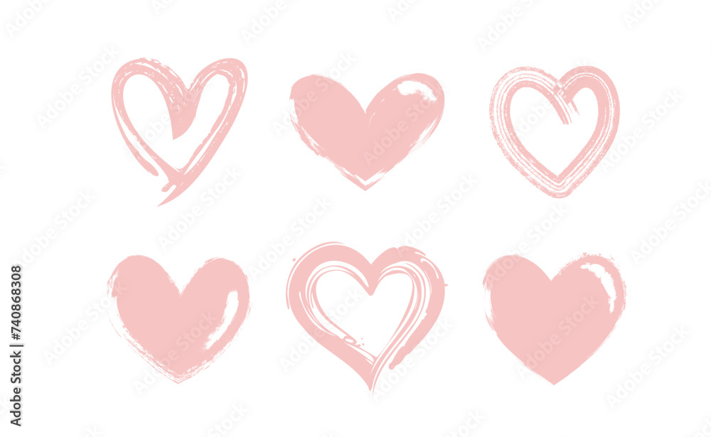 Heart shape illustrations made with brush stroke. Vector collection of hand drawn grunge Valentine hearts. Isolated on white background.