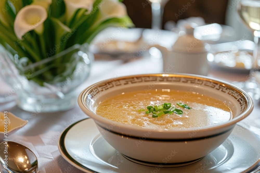 A warm bowl of soup, containing various vegetables, is placed on a sturdy wooden dining table, Exotic delicacy of Bird's Nest Soup served in a luxury restaurant, AI Generated