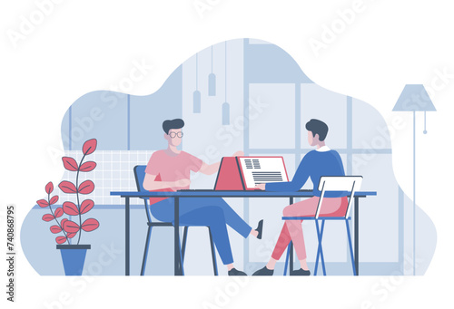 Outsourcing team concept with cartoon people in flat design for web. Employees working at project distantly and connecting together. Vector illustration for social media banner, marketing material.