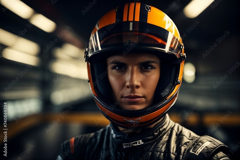 A dynamic portrait of a fearless racing driver wearing a safety helmet. A dynamic portrait of a fearless racing driver wearing a safety helmet.