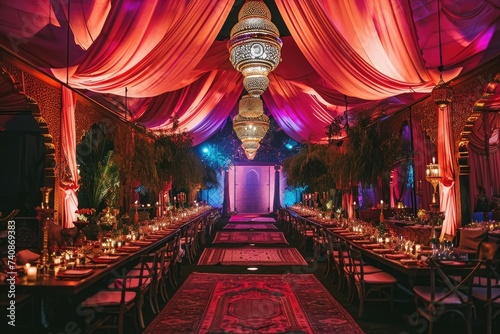 A spacious room is adorned with a long table and a chandelier hanging from the ceiling, creating an elegant dining setting, Extravagant Arabian nights wedding, AI Generated