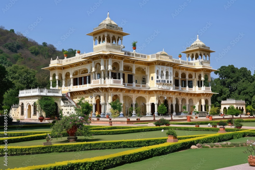 A photograph of a sizable white building featuring a well-manicured garden in the foreground, Extravagant palaces in the heart of India, AI Generated