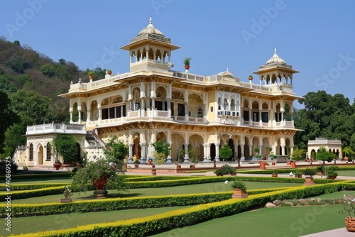 Wallpaper Mural A photograph of a sizable white building featuring a well-manicured garden in the foreground, Extravagant palaces in the heart of India, AI Generated Torontodigital.ca