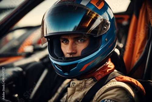 A sport car racer in a helmet driving auto on the track.