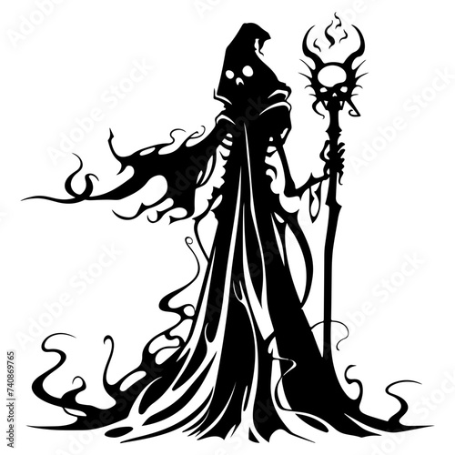 Mystical Sorcerer Silhouette with Flaming Staff for Fantasy Games and Magical World Concepts