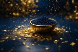 Step into a world of creativity and wonder with an abstract background featuring a striking combination of dark blue and radiant gold particles. 