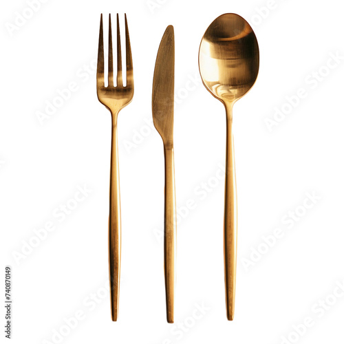 matte gold fork and matte gold knife, top view, isolated on transparent background
