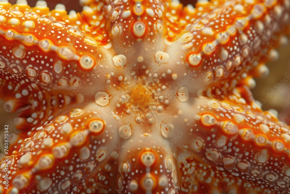 A detailed close-up photo of an orange and white starfish peacefully resting on the vibrant ocean floor, Extreme close-up of a starfish's surface, AI Generated