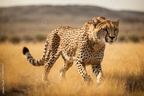 A sleek and powerful cheetah sprints across the savannah, its spotted coat glistening in the sun as it effortlessly overtakes its prey.