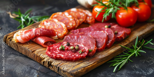 Assorted Cured Meats and Salami. Gourmet Cured Meat Selection on Board.