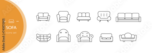 Set of sofa icons. Linear, vector, isolated on white background.
