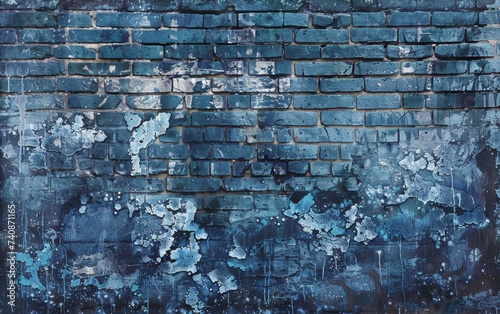 Layers of blue paint crumble on an old brick wall, each layer a chapter in the building's storied history. photo
