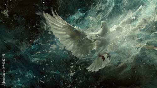 Flying white dove, Symbol of peace. Gifts of holy spirit concept	 photo