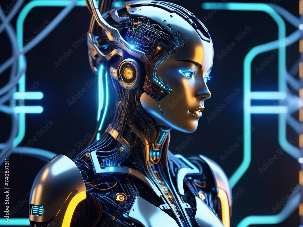 cybernetic deity, with limbs that intertwine with circuitry and glowing neural pathways. cybernetic deity, with limbs that intertwine with circuitry and glowing neural pathways.