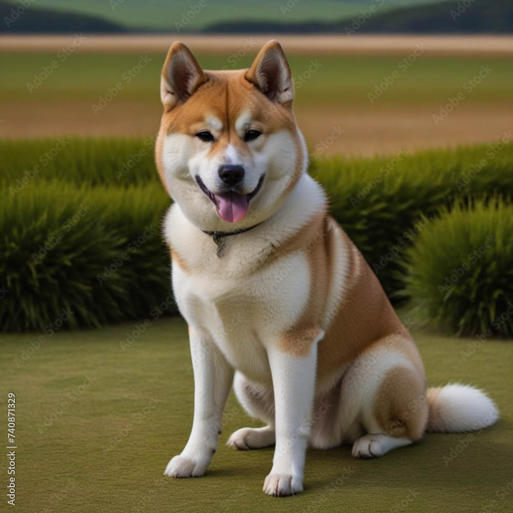 Japanese Akita dog poses with its whole body in nature