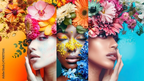 beautiful women made up with abstract flower theme with painted face and real flowers in studio with background of pastel and vivid colors in high resolution and quality