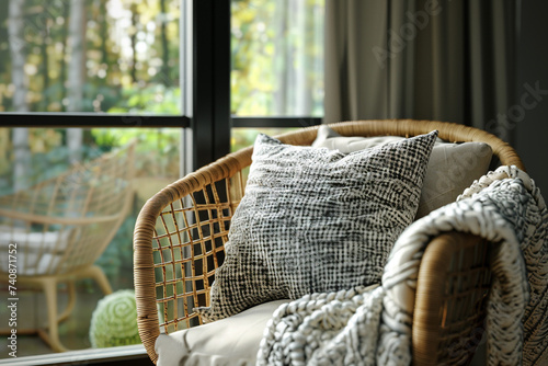 3d illustration close-up rattan armchair with pillow and throw blanket next to the window, cozy and boho interior with black background
