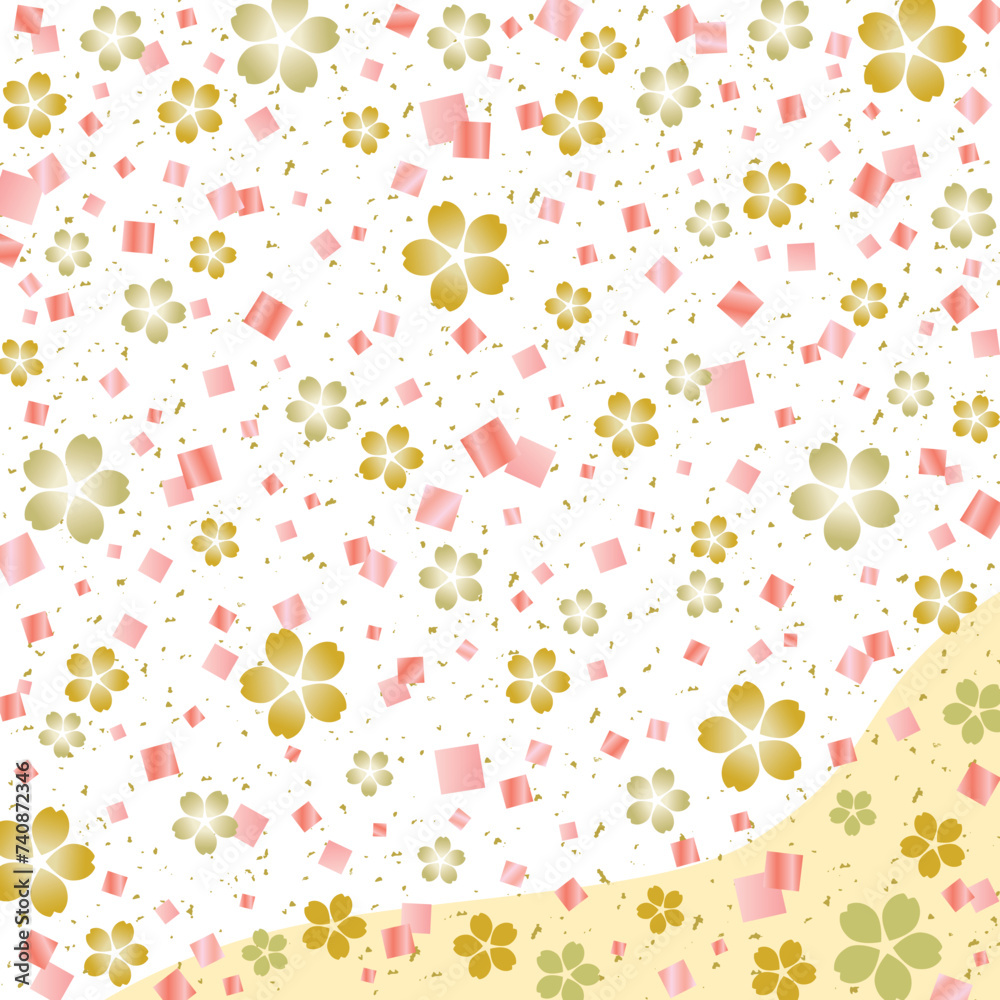 桜の花と金箔紙吹雪の和風背景/正方形/金・ピンク