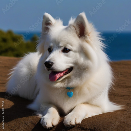 American Eskimo dog poses with its whole body in nature