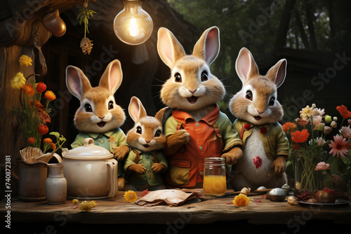 A cute family of Easter Bunnies celebrating together in a joyful setting.