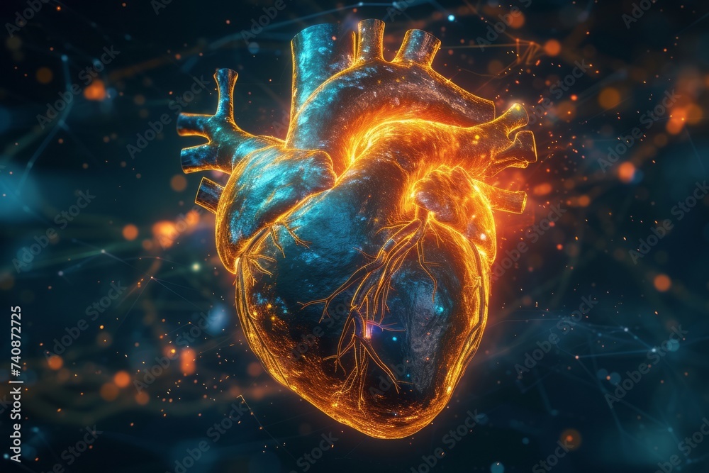 Futuristic hologram of a human heart, illuminated in orange on a dark background. The concept of innovation in cardiology, the study of diseases and disorders of the cardiovascular system. Copy space - obrazy, fototapety, plakaty 