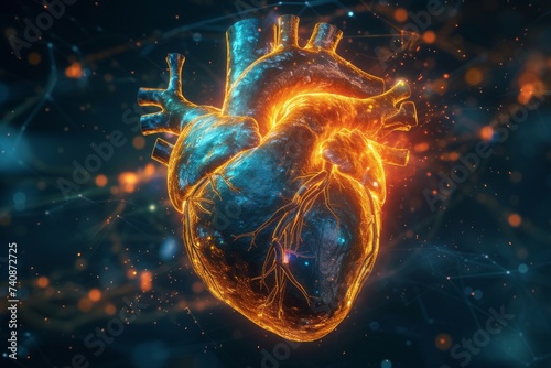 Futuristic hologram of a human heart, illuminated in orange on a dark background. The concept of innovation in cardiology, the study of diseases and disorders of the cardiovascular system. Copy space photo