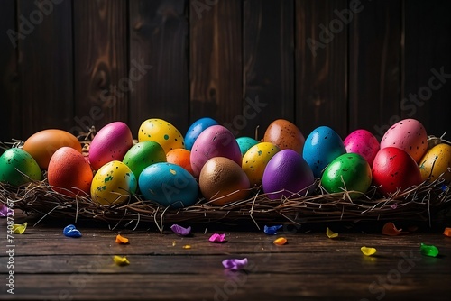 A vibrant and playful Easter egg border isolated in wooden background.
