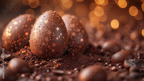 Chocolate Easter eggs with cocoa and decorations, happy easter background